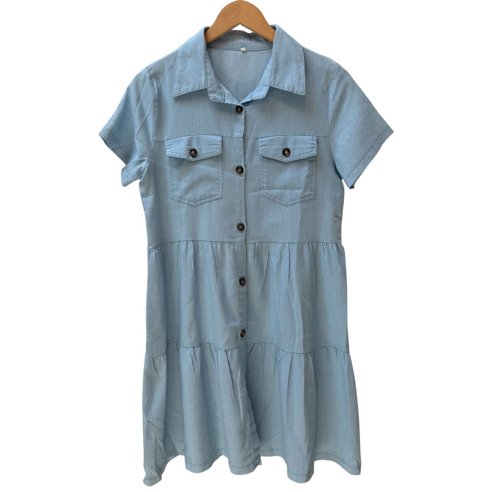 Women Small Light Blue Chambray Tiered Button Front Shirt Dress Boho Western